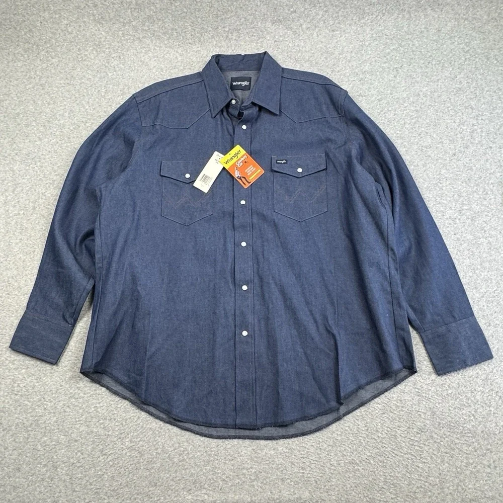 Wrangler Denim Pearl Snap Western Work Shirt Mens 2XL Cowboy Long‎ Sleeve NWT